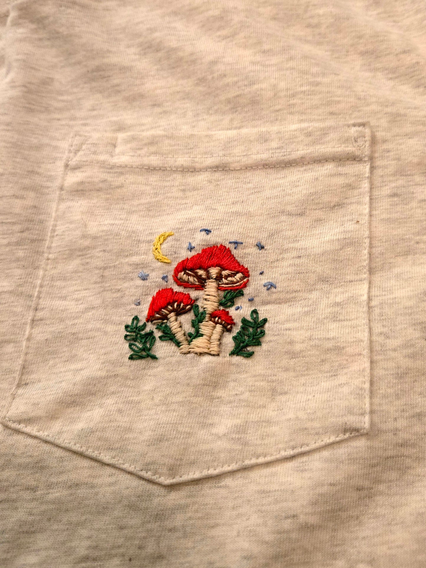 'Enchanted Shrooms' Light Grey, Hand Embroidered One-of-a-kind T-shirt