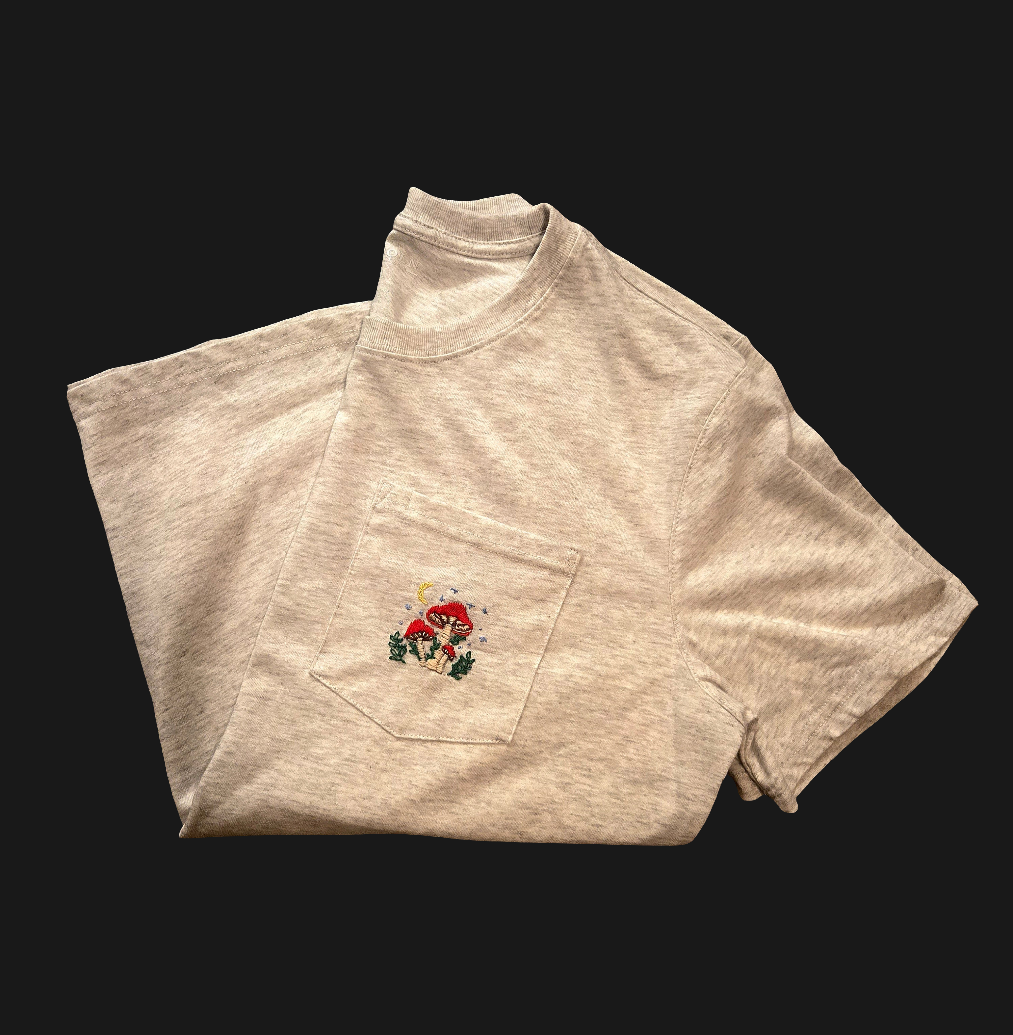'Enchanted Shrooms' Light Grey, Hand Embroidered One-of-a-kind T-shirt